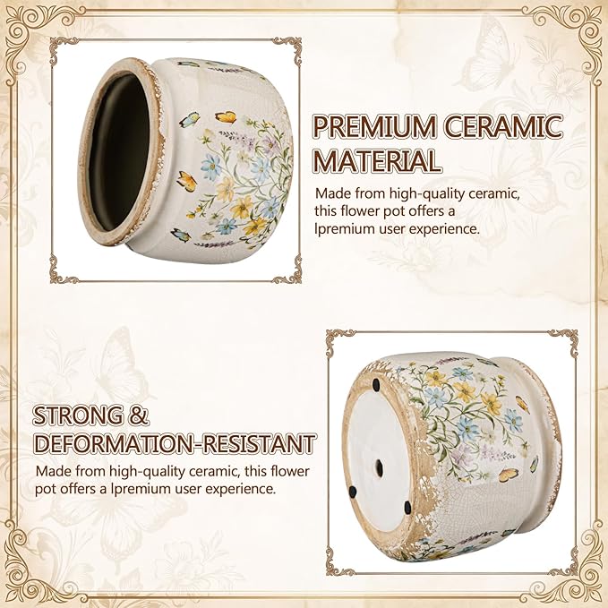 7.7″ Large Vintage Ceramic Plant Pot with Butterfly Pattern Warm Yellow Rustic Planter with Ice Crackle Glaze & Drainage Hole for Indoor Outdoor Plants Home Kitchen Office Decor Gift