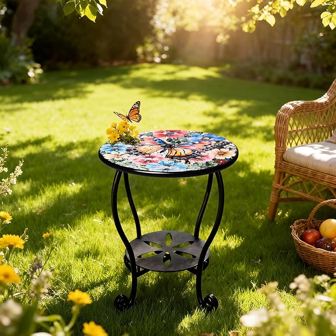 Outdoor Side Table Mosaic Patio Small End Table Metal Coffee Tea Accent Table for Patio Living Room Bedroom Yard Porch Garden (Colourful Butterflies)