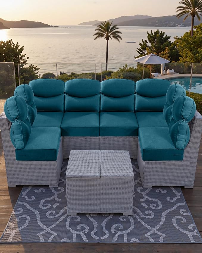 Luxury 24x24x6 Outdoor Corner Cushion 1 Set - Water-Repellent 3-Piece Cushion Set with Zipper for Outside Wicker Sofa Loveseat Chair Sectional Patio Conversation Sets - Peacock Blue/Smile