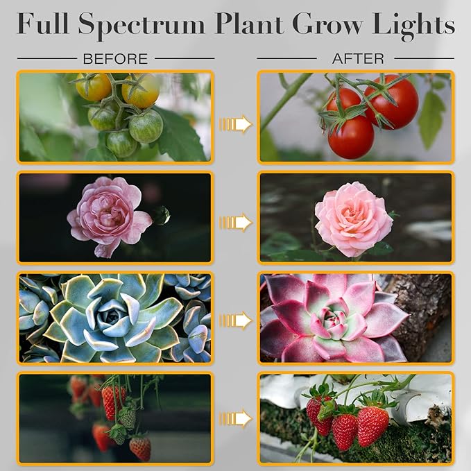 iPower LED Grow Light Strips Full Spectrum for Indoor Plants with Auto ON/Off 4/8/12H Timer, 5 Dimmable Levels Per Tube, Sunlike Grow Lamp for Hydroponics Succulent, 1 Pack, Yellow, 2 Tubes