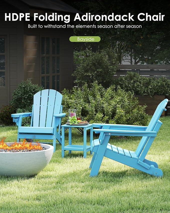 GREENVINES Folding-Adirondack-Chairs-Set-of-4 | HDPE Plastic | Fire Pit Chair | All Weather | Cup Holder | Arctic | for Deck Backyard Patio Outdoor Garden