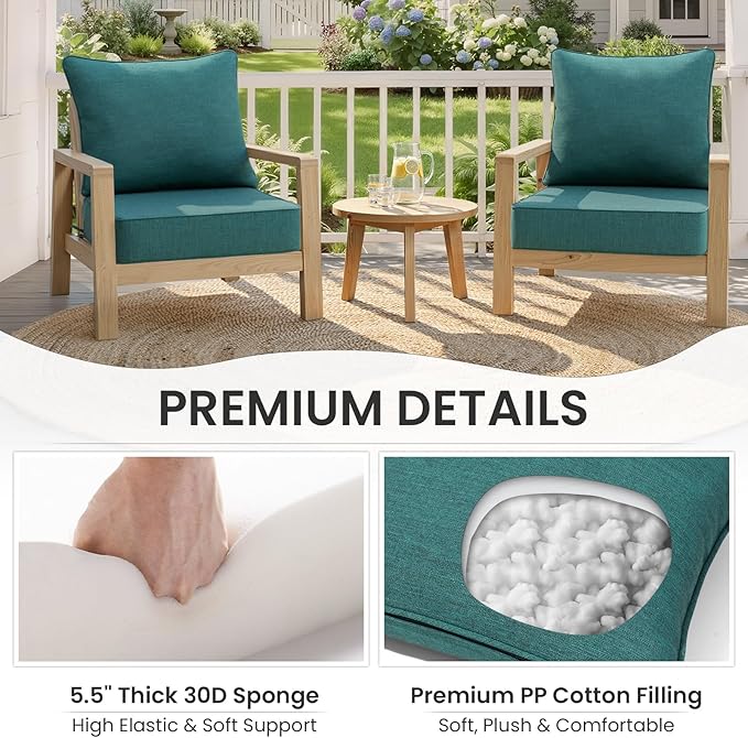 Crestlive 5.5" Outdoor Cushion for Patio Furniture Set of 2, 24 x 24, Waterproof and Fade-Resistant Deep Seat Cushions for Chair, Wicker Sofa and Couch, Malachite
