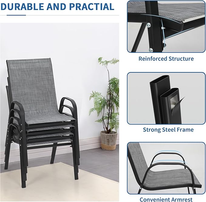 PIZZELLO Patio Chairs Set of 4 - Outdoor Stackable Dining Chairs for All Weather - Breathable Textilene Outdoor Chair Sets with Curved Armrests - 300Lbs Capacity - for Lawn Backyard Garden (Grey)