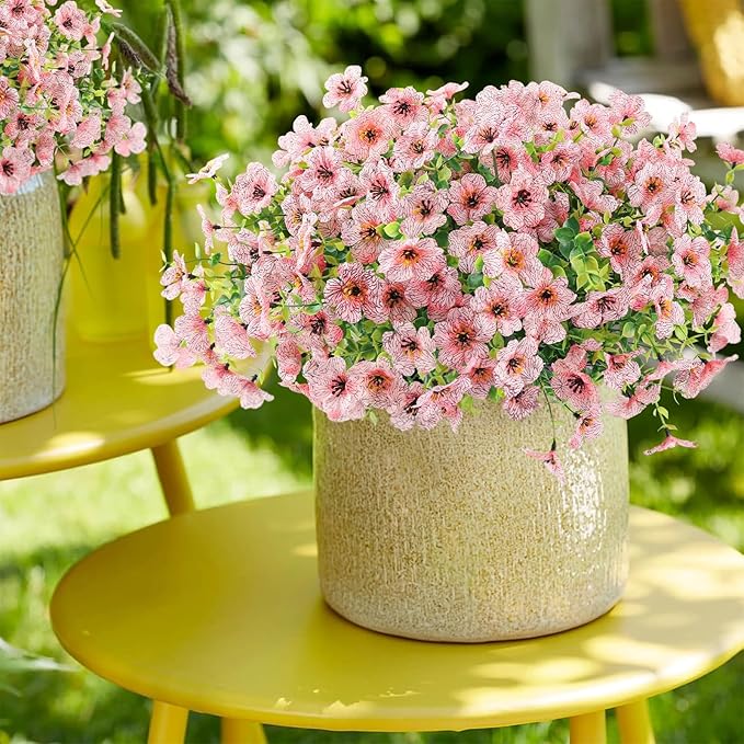 Artificial Flowers Outdoor Faux Plants UV Resistant Fake Patio Flowers Plastic Greenery Plnats Outside Bulk for Spring Garden Hanging Planter Home Vase Decor, 24 Bundles (Pink)