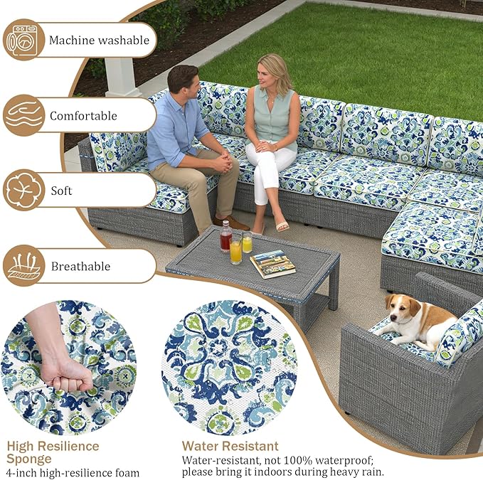 14 Pcs Outdoor Replacement Cushions for Patio Furniture, All Weather Water Resistant Cushion for 6 Seat Rattan Wicker Sectional Patio Conversation Sets and Couch (Summer Ocean)