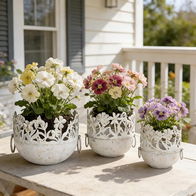 3 Piece Vintage Metal Pots Set,Rustic Distressed Garden Planter Plant Buckets with Handles Farmhouse Floral Containers for Indoor Outdoor Home Gardening Tabletop Centerpieces Wedding Decor White
