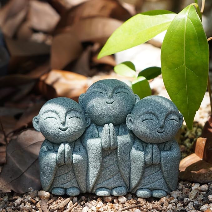 OwMell Japanese Jizo Monk Statue, Buddha Jizo Figurine Memorial Aquarium Statue Ornament - Smiling