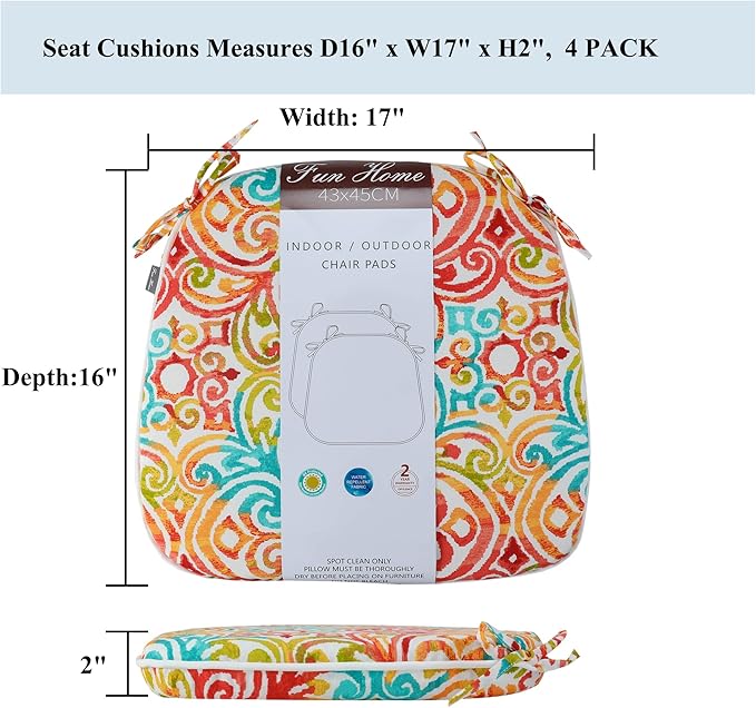 FUNHOME Outdoor Chair Cushions Set of 4, Water-Repellent Seat Cushions D16xW17 Inch, All Weather Patio Chair Pads with Tie Furniture Garden Office Decoration, Corinthian Dapple