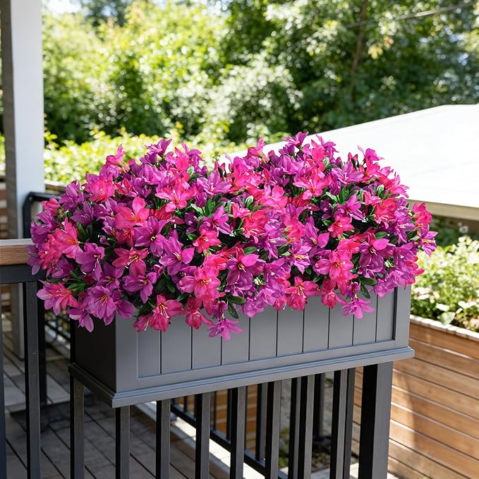 INSPRING Artificial Flowers Fake Plants for Outdoors Spring Summer Decoration, 3 Bundles Faux Silk Azalea UV Resistant Outdoor Flowers Realistic for Planters Outside Patio Porch Garden Home Decor, Mix