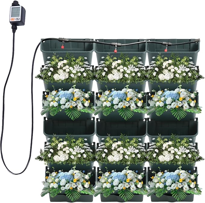 18 Pots Vertical Garden Planter Indoor and Outdoor, Garden Self Watering Wall-Mounted Planter Plant Flower Pot with Timer, Plant Vegetable Fruit Herb Hanging Pocket Holder (Green)