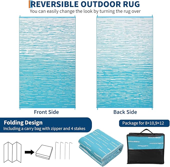 Outdoor Rug 6x9 Waterproof Patio Rugs Abstarct Line Reversible Mat for Front Door Rv Foldable Plastic Straw Carpet for Travel Trailers, Deck, Picnic, Porch, Camper, Balcony, Beach，Light Blue