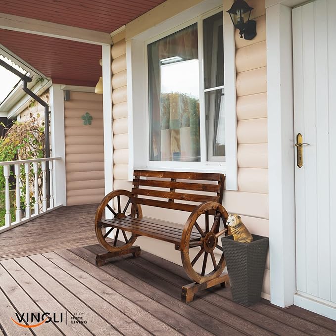 VINGLI 41" Rustic Outdoor Wooden Bench, 2-Person Patio Wagon Wheel Bench with Slatted Seat, Weather Resistance Garden Benches for Outdoors 350lbs High Capacity for Yard Porch Ourdoor Decor