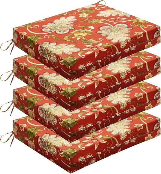 Wellsin Outdoor Chair Cushions for Patio Furniture - Outdoor Cushions for Chairs - Water Resistant Patio Chair Cushions Set of 4, 18.5"X16"X3", Flower Red