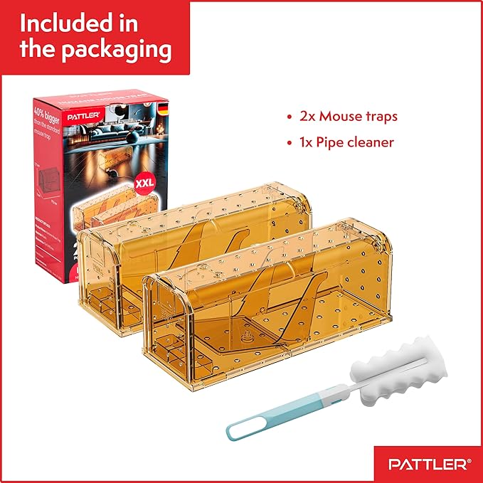 PATTLER® | New Large Humane Mouse Trap for Indoor and Outdoor Home | Mechanical Reusable Live Mouse Traps Catch and Release Mice from Garden, Garage, Attic, Inn, Hotel | Orange | Pack of 2