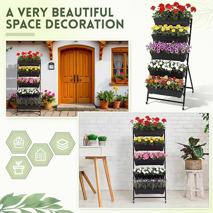 2 Set 4.5 ft Vertical Garden Planter with Lockable Wheels 5 Tier Removable Raised Bed Box for Outdoor Herb Vegetable and Flower Growing Includes Gloves and Screwdriver(Black)