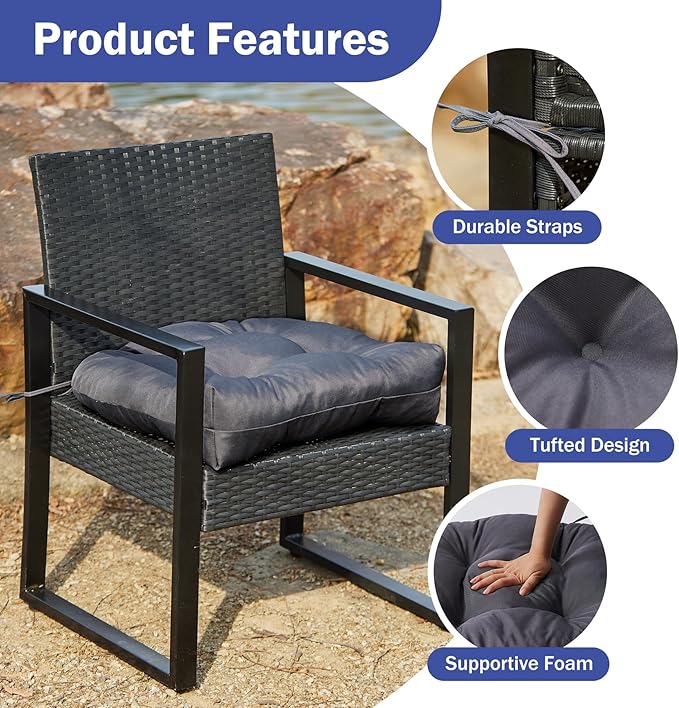 Outdoor Chair Cushions Set of 2, Patio Chair Cushions with Ties,19x19+5” Tufted Outdoor Seat Cushions, Waterproof Patio Furniture Cushions, Outdoor Dining Chair Pads, Dark Grey