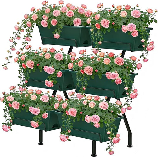 Vertical Raised Garden Bed 3 Tier Vertical Garden Planter with 6 Container Boxes Indoor Outdoor Standing Herb Planter with Drainage Holes Removable Tray for Small Space Patio Balcony Porch, Green