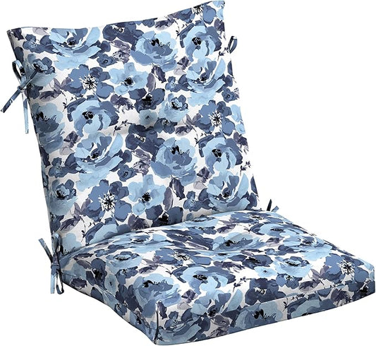 Arden Outdoor Plush Modern Tufted Blowfill Dining Chair Cushion, 21 x 40, Water Repellent, Fade Resistant, Tufted Cushion for Dining and Bistro Chairs, Blue Garden Floral
