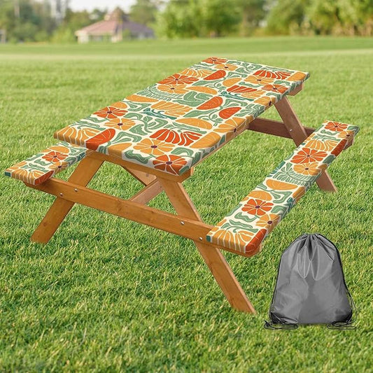 Picnic Table Covers with Bench Covers Boho Patchwork Orange Green Flower Pattern Camping Tablecloth Fitted Picnic Table Cover with Elastic Windproof Waterproof, Camping Accessories Outdoor, 72In 3PCS