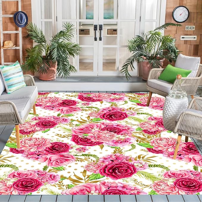 Vibrant Floral Pink Outdoor Rug Modern Contempporary Art Deco Washable Area Rug for Patio Porch Deck Balcony Waterproof Durable Backyard Carpet Cute Garden Large Rugs 3x5