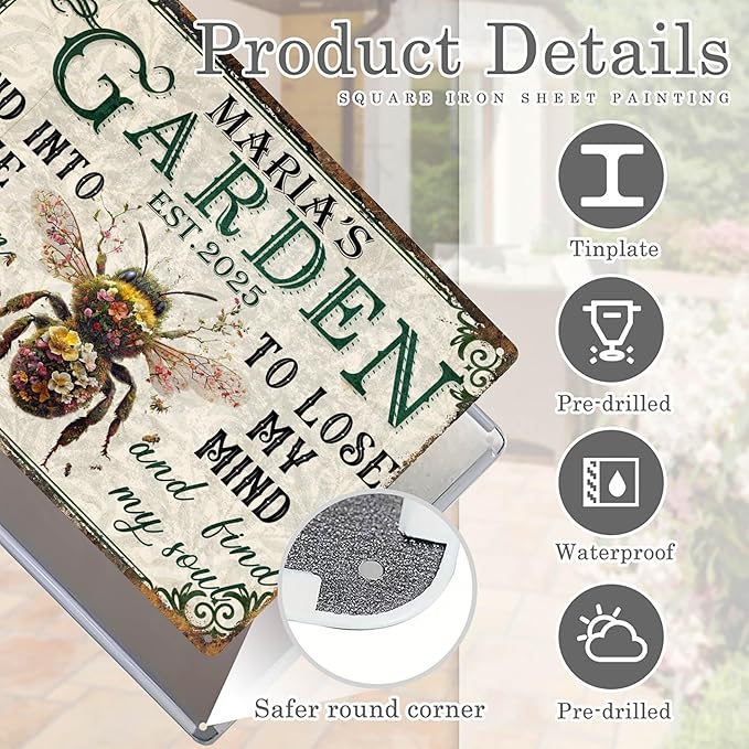 Custom Garden Signs Personalized Metal Tin Sign for Women, Retro Funny Bee Metal Sign for Outdoor, Patio, Yard Rustic Home Decor Gift for Mothers Day, Grandmas, and Gardening Lovers