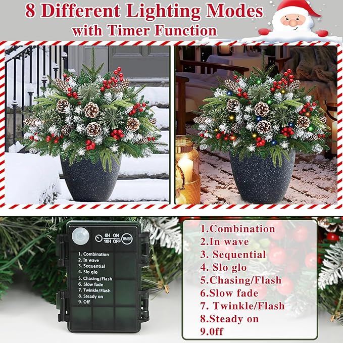 Waipfaru 2 Pack Prelit Planter Bushes, Outdoor Christmas Urn Filler with Lights, 22 Inch Artificial Christmas Tree for Front Porch, Pot, Holiday Planter Filler Outdoor