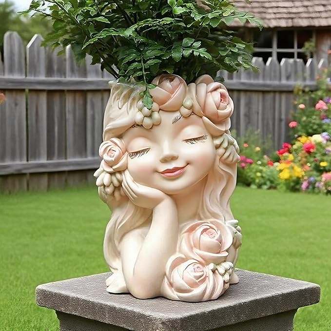 Teaeeno Decorative Garden Fairy Head Planter, Resin Flower Pot Sculpture, Pearl White with Rose Details