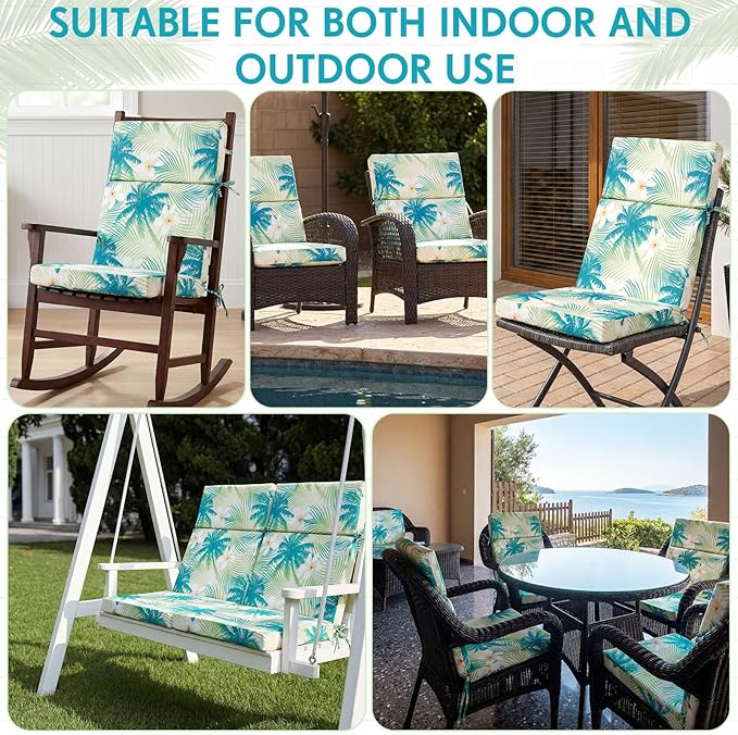4 Pack Outdoor High Back Chair Cushion, 44 x 20 inches Patio Chair Cushions Waterproof Rocking Cushions Indoor Furniture Seat Pad, Weather Resistant (Palm Tree,Green)