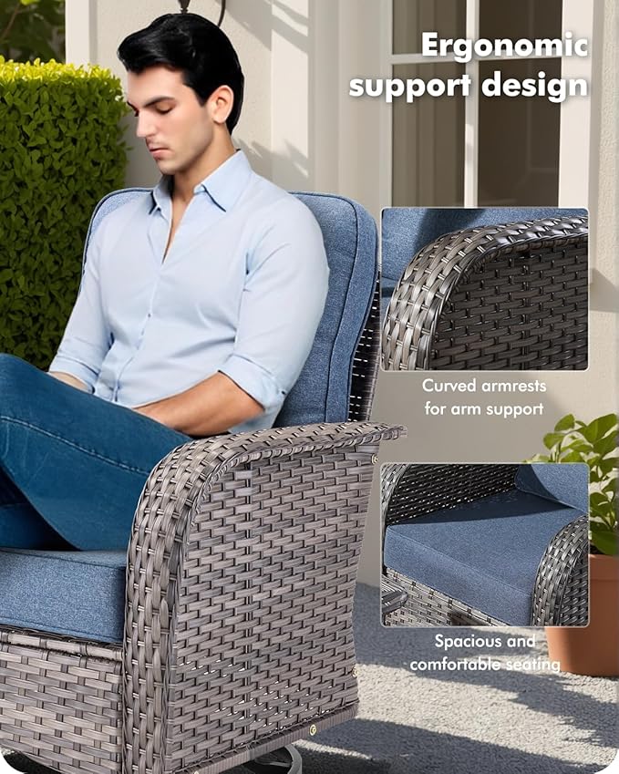 5 Pieces Patio Furniture Set,Outdoor Furniture with Rockers, Rattan Conversation Sets w/Coffee Table, Grey Wicker Blue Cushion