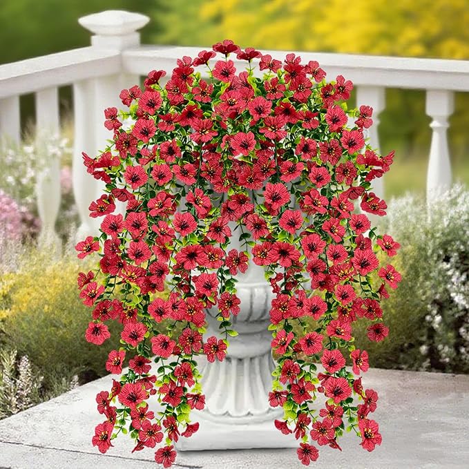4 Pcs Outdoor Fall Decor, Fall Flowers Artificial For Decoration, Artificial Mums For Outdoors, Fake Mums Faux Mums For Outside Half Sphere, Fake Hanging Plants Plastic Flowers For Home Porch (Red)