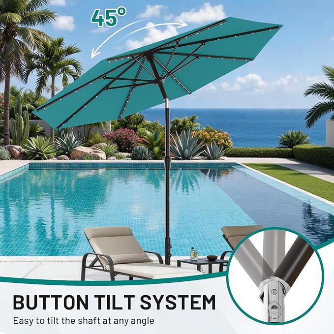 AreShark 9FT Patio Umbrella with Solar Lights, 32 LED Lighted Pool Umbrella w/Tilt and Crank, Outdoor Market Solar Umbrellas for Garden, Deck, Backyard, Pool and Beach, Lake Blue