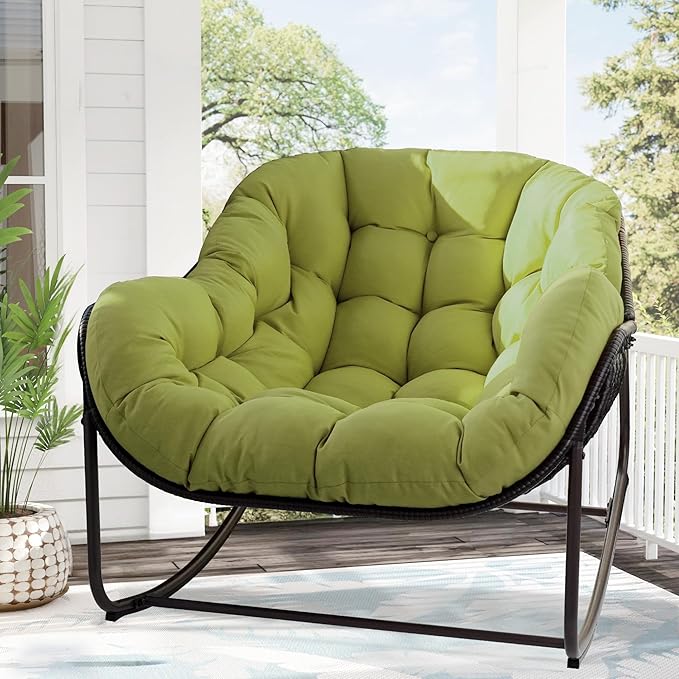 Papasan Rocking Chair, Oversized Papasan Chair with Cushion and Frame for Indoor& Outdoor, Deep Seat Egg-Shaped Rocker Chair for Garden, Deck, Living Room, Green