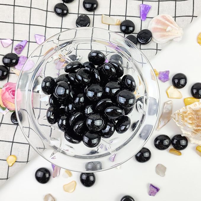 1lb Black Glass Marbles for Vase, 100 pcs Black Flat Glass Beads, Decorative Pebbles for Vase Fillers, Fish Tank, Plants, Flower Pots, Fountains, Crafts, Aquarium Rocks and Home Decor