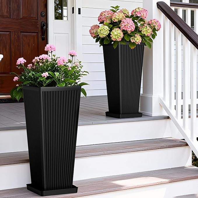 Tapered Tall Planters for Outdoor Plants 2 Pack- 23.6 Inch Square Indoor Flower Pots with Drainage Holes and Partition/Tray Saucers, Large Outdoor Planters for Porch Patio Garden, Black