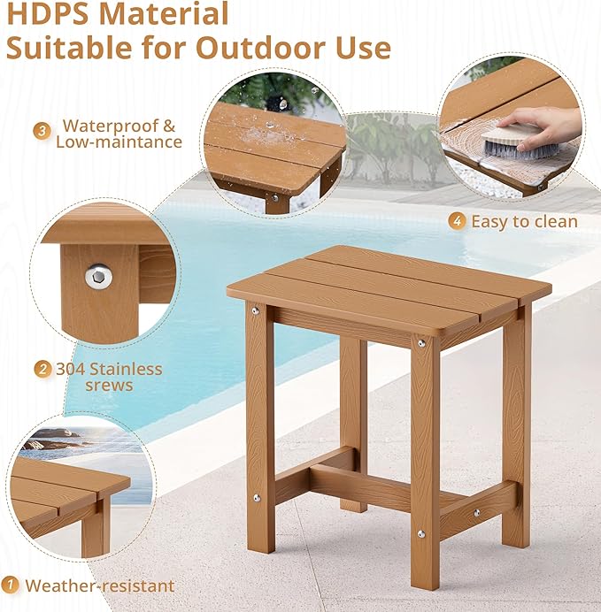 LUE BONA Outdoor Side Table Set of 2, HDPS Small Outdoor Table, Adirondack Side Table,Outside End Table for Patio, Porch, Pool, Weather Resistant/Easy Maintenance/Indoor or Outside Use, Teak Color