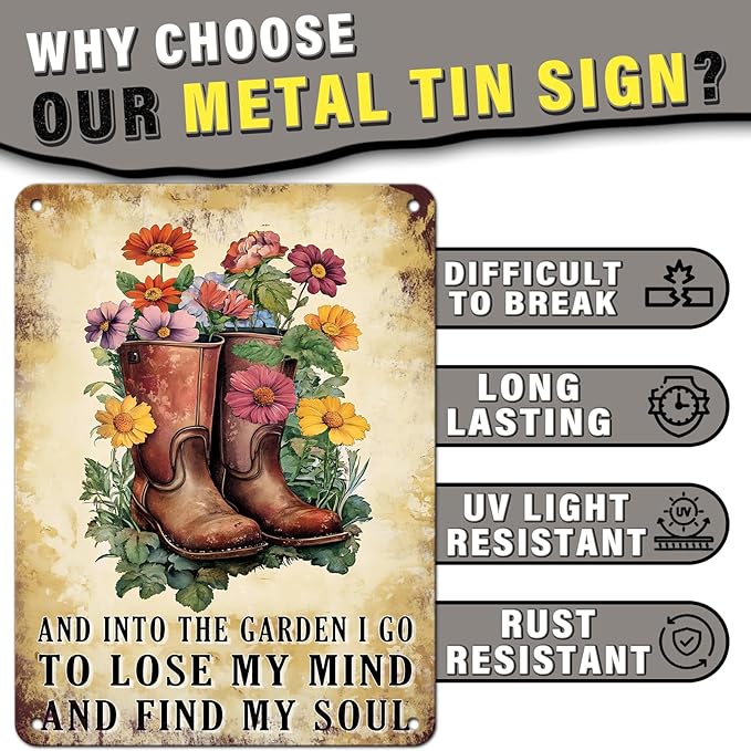PEACHGARDEN Garden Retro Tin Sign And Into The Garden I Go To Lose My Mind And Find My Soul Metal Sign Outdoor Flowers Decor 12x16inch
