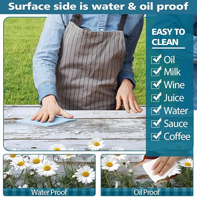 Picnic Table Cover with Bench Cover, Outdoor Patio Camping Essentials Farmhouse Daisy Wooden Table Covers with Elastic Waterproof Camping Tablecloth with Drawstring Bag, 60In 3PCS