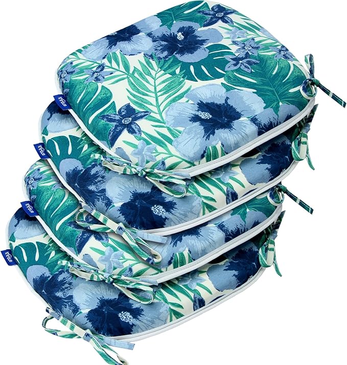 SleepMan Outdoor 17"x16" Chair Cushions with Ties Set of 4, Water Resistant All Weather U-Shape Seat Pads for Patio Garden Furniture Indoor (Set of 4, Blue Flowers)