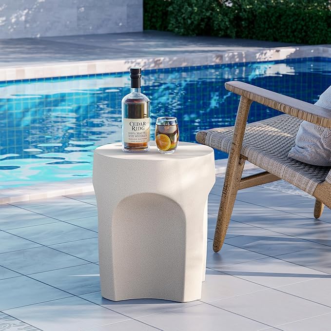 SUNBURY Outdoor Side Tables, 17" H Concrete Accent End Table, Indoor Small Round Patio End Plant Stands Outside, Garden Stools for Yard, Arch Shape Spotted White