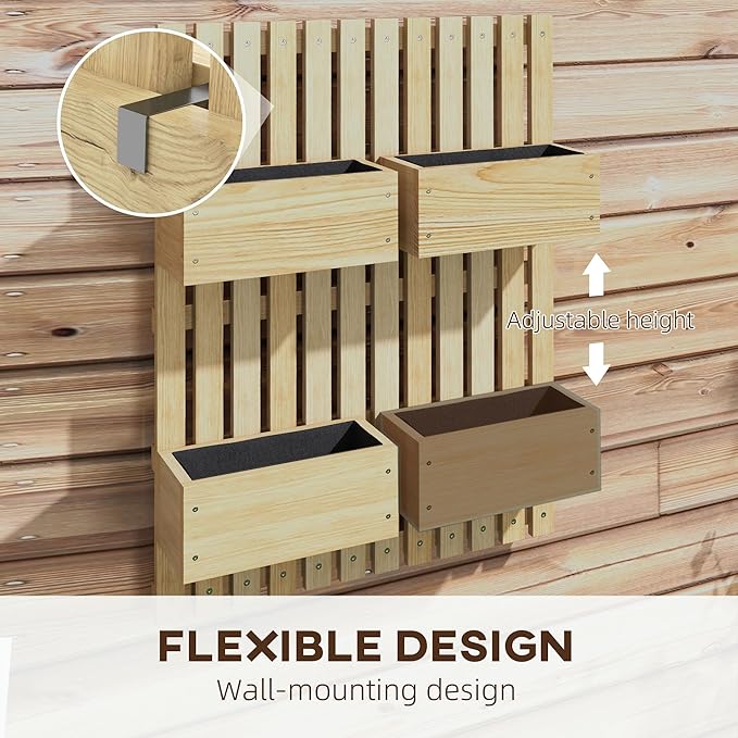 Outsunny 4 Box Raised Garden Bed with Trellis for Vine Flowers & Climbing Plants, 31.5" Tall Wall-Mounted Wood Planter Box Set with Adjustable Height, Drainage Hole, Natural