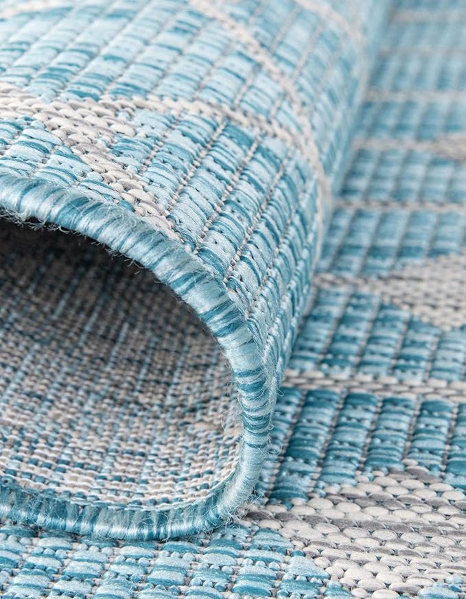Unique Loom Outdoor Trellis Collection Area Rug - Tribal Trellis (5' 3" Square, Aqua/ Ivory)