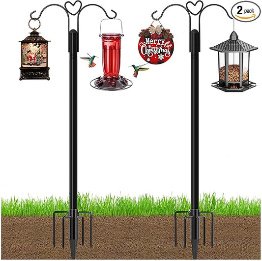 Ottsuls Bird Feeder Pole, 2 Pack 76 INCH Double Shepherds Hooks for Outdoor, with 5 Base Prongs Heavy Duty Tall Garden Planter Hooks for Hanging Flower Basket, Lantern, Hummingbird Feeder