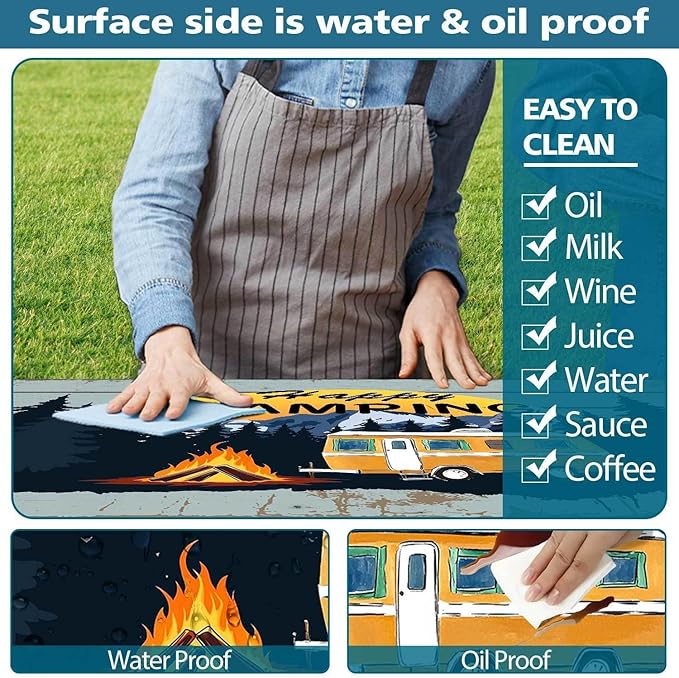 Happy Camper RV Picnic Table Cover with Bench Covers, Retro Wooden Waterproof Camping Picnic Table Cover Cloths for Outdoors Tablecloth with Drawstring Bag, 96in
