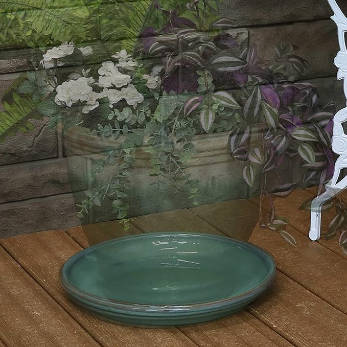 Sunnydaze 12-Inch Ceramic Plant Saucers - Plant Drip Trays for Outdoor Planter Flower Pot Drainage - Set of 2 - Seafoam