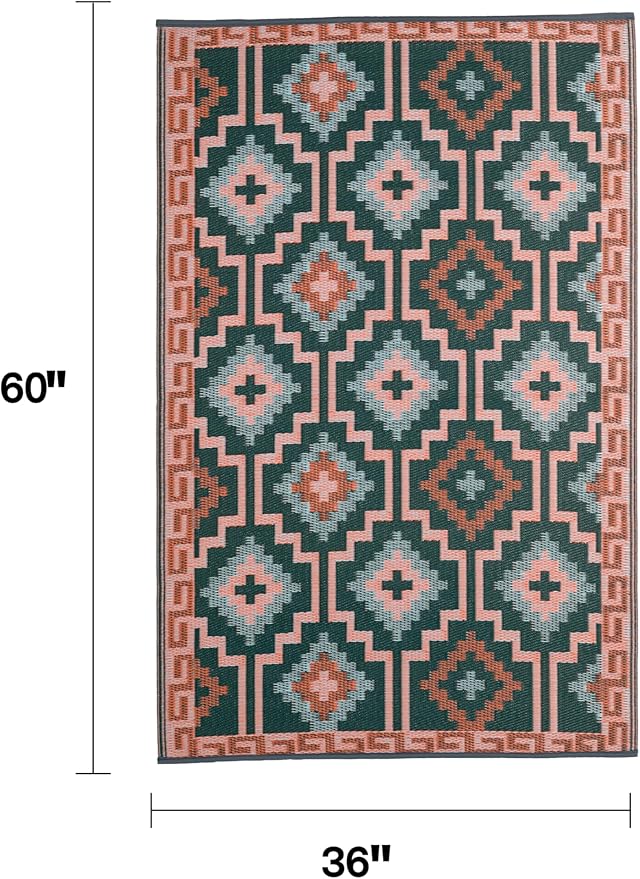 Fab Habitat Outdoor Rug - Waterproof, Fade Resistant, Crease-Free - Premium Recycled Plastic - Vintage Boho Kilim - Porch, Deck, Balcony, Mudroom, Laundry Room, Patio - Lhasa - Green - 3 x 5 ft