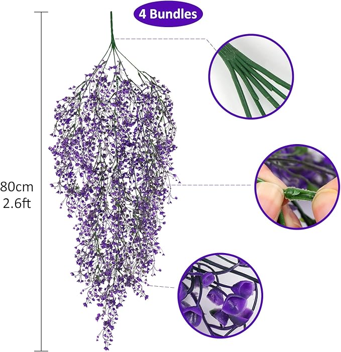 RECUTMS Artificial Hanging Plants Fake Vines Wall Hanging 4Pcs Faux Ferns Leaves Greenery for Spring Home Garden Wedding Party Indoor Outdoor Valentines Day Decorations(Purple)