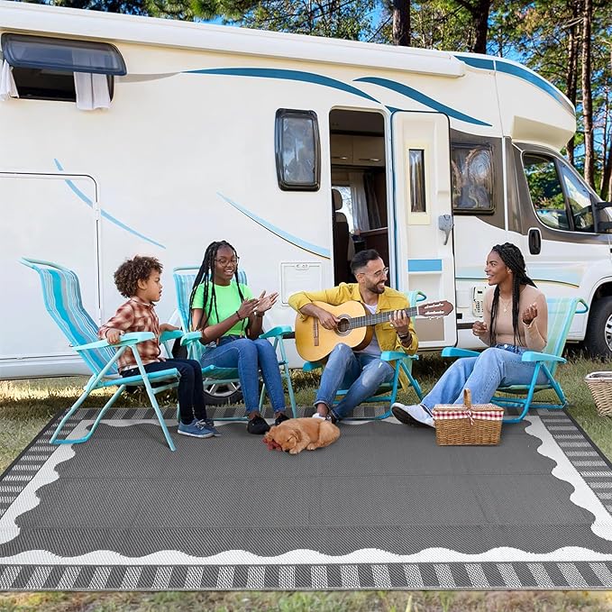 9x12 Outdoor Rug Waterproof Foldable Plastic Straw Carpet for Patio Porch Scalloped Border Reversible Mat Lightweight Floor Mat for Picnic, Backyard, Rv, Beach, Deck, Camper, Balcony，Grey