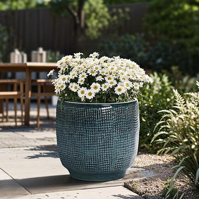 LuxenHome 12" Dia Large Ceramic Pots for Plants, Modern Green Glazed Planters for Outdoor Plants, Round Indoor Flower Pots with Drainage Hole and Rubber Plug for Home Garden Patio