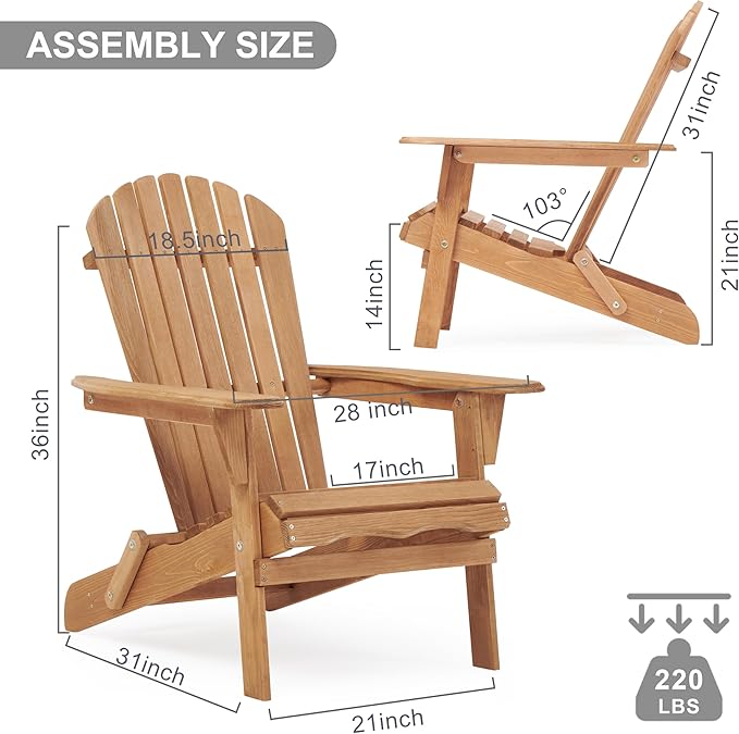 SoliWood Outdoor Wooden Folding Adirondack Chair Set of 6 with Pre-Assembled BackRest, Wood Patio Chair for Garden Backyard Porch Pool Deck Firepit
