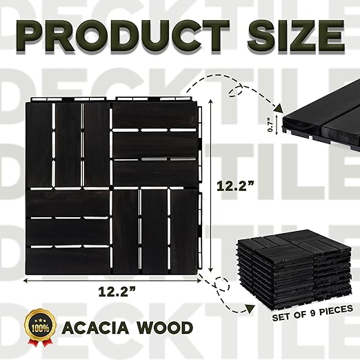 Acacia Wood Patio Deck Tiles - 27 Pcs 12 Slats Interlocking Decking Tiles for Patio Decor, Waterproof Indoor & Outdoor Use, Garden Decking Tile (12.2 x 12.2 x 0.7) - Black